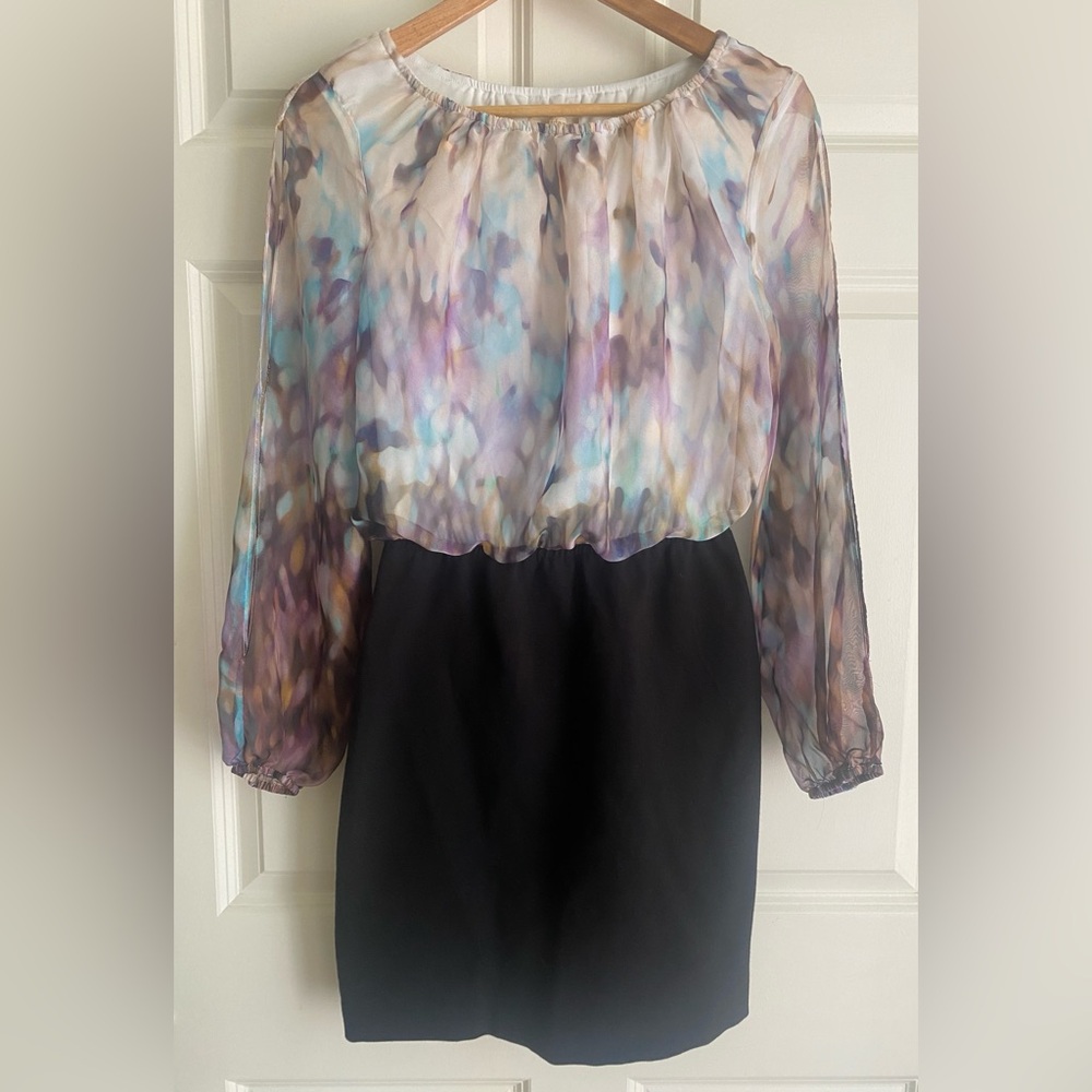 Aidan Aidan Mattox Sheer Top Pencil Dress Size 6 Multicolor Abstract Boat Neck
